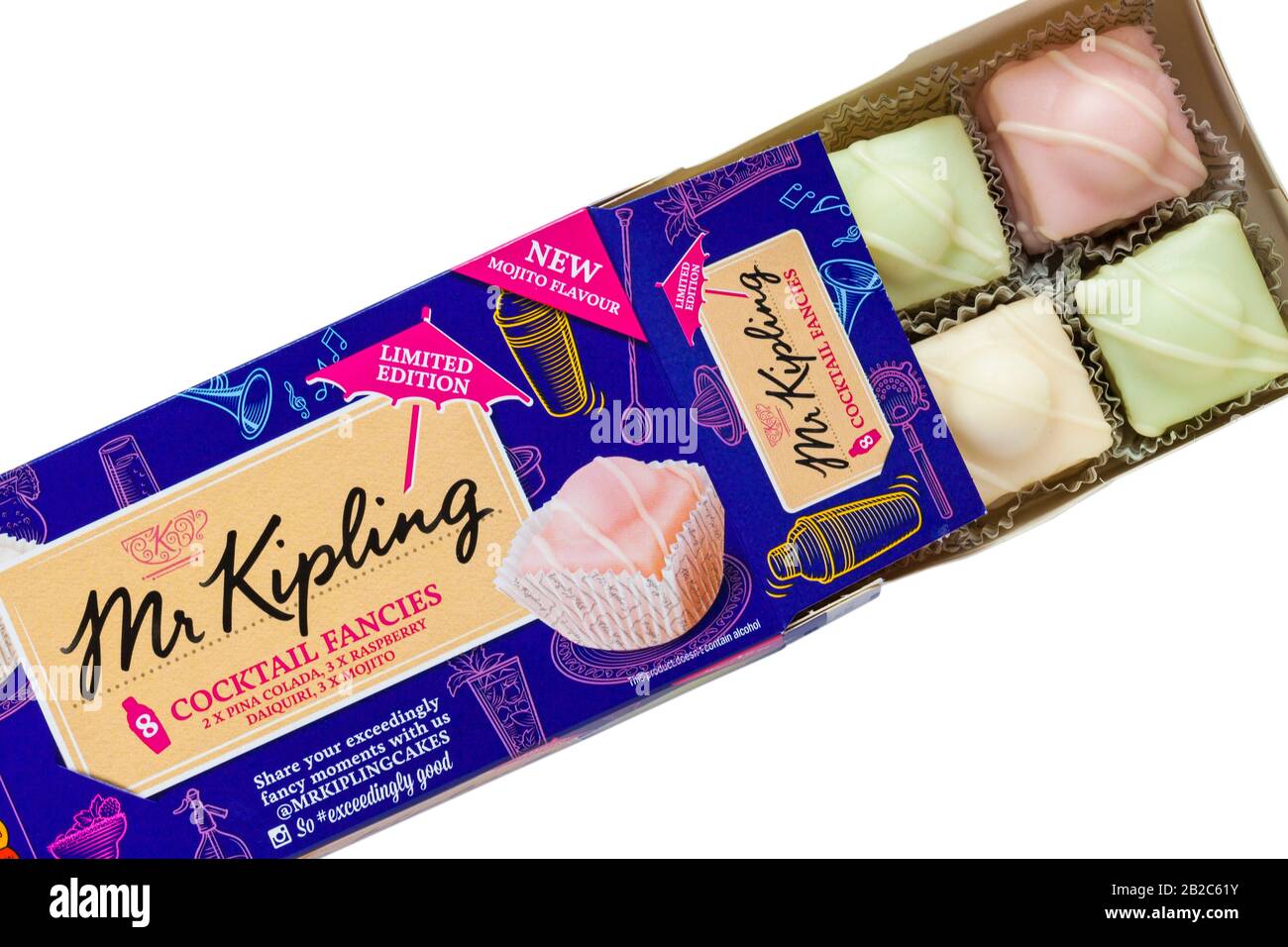 Fort de Mr Kipling fantaisies Cocktail ouvert pour afficher contenu situé sur fond blanc - pina colada, mojito et daiquiri framboise saveurs Banque D'Images