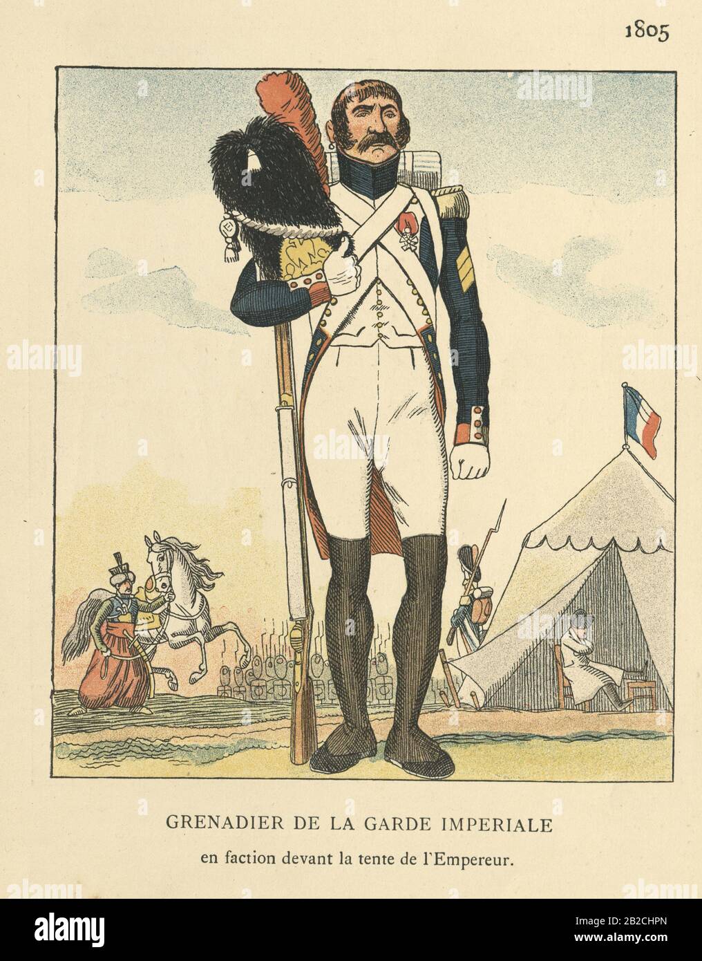 Gravure ancienne de Grenadier de la Garde impériale. Devant la tente de l'empereur (Grenadier de la Garde Imperiale. En faction devant la tente de l'Empereur), guerres napoléoniennes, début du XIXe siècle Banque D'Images