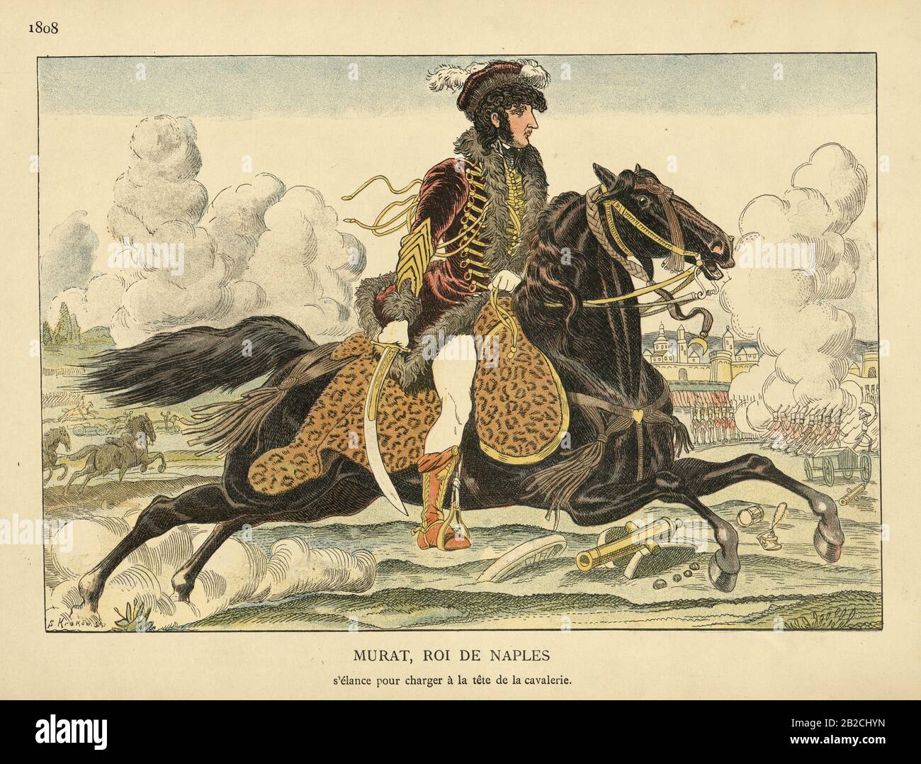 Gravure ancienne de Joachim Murat, roi de Naples, 1808. Il était maréchal de France et amiral de France sous le règne de Napoléon. Il a été noté comme un officier de cavalerie audacieux, courageux et charismatique ainsi qu'une commode flamboyante, pour laquelle il était connu comme le roi Dandy Banque D'Images