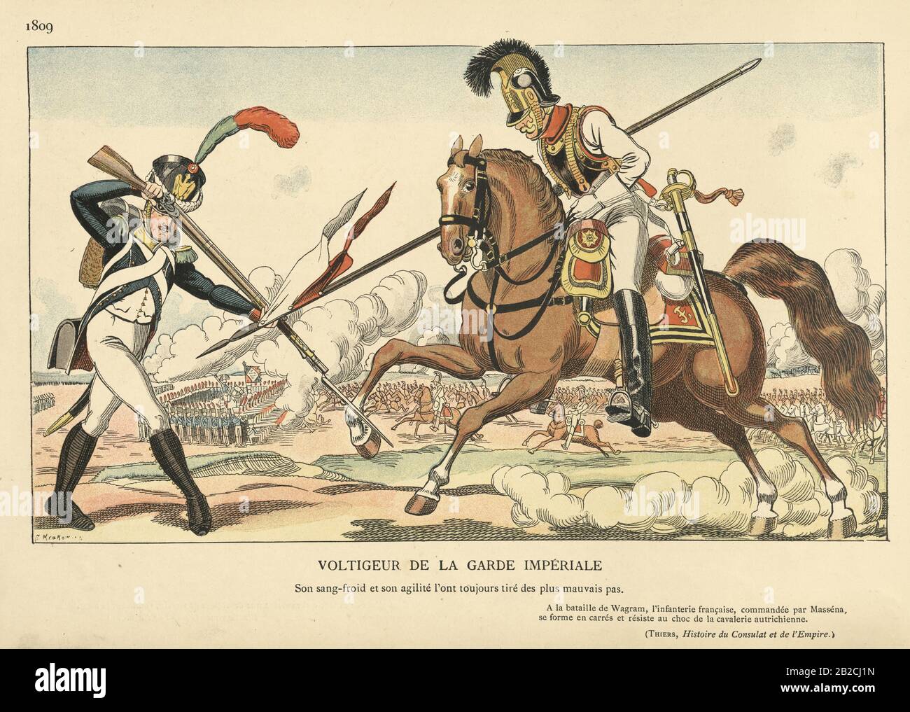 Guerres napoléoniennes, uniformes militaires, Voltigeur français luttant contre un danseur de cavalerie, une formation de place d'infanterie en arrière-plan résistant à une charge de cavalerie. Les Voltigeurs de la Garde, ainsi que leurs régiments frères les Tirailleurs (anciennement Les Tirailleurs-Grenadiers et les régiments conscrit-Grenadiers), ont fourni l'écran d'escarmouche pour les chasseurs et les Grenadiers de la vieille Garde de Napoléon. Banque D'Images