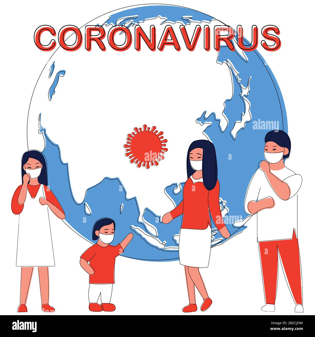 Infographie sur le coronavirus avec des personnes utilisant un masque et une illustration vectorielle sur la carte du monde. Épidémiologie. Bannière Web, mobile. Épidémie de pandémie de bactéries Illustration de Vecteur