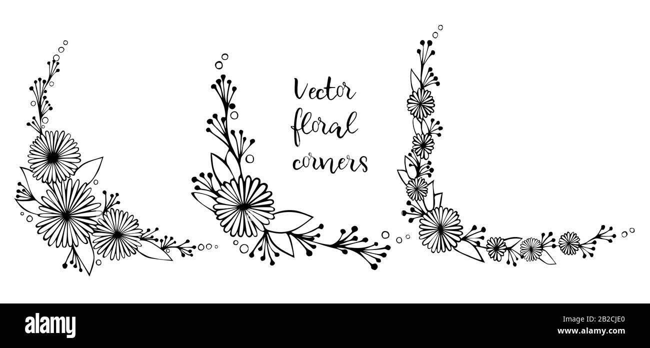 Ensemble d'ornement décoratif à coins fleuris dessinés à la main. Cadre de fleurs de printemps. Bordure noire et blanche Illustration de Vecteur