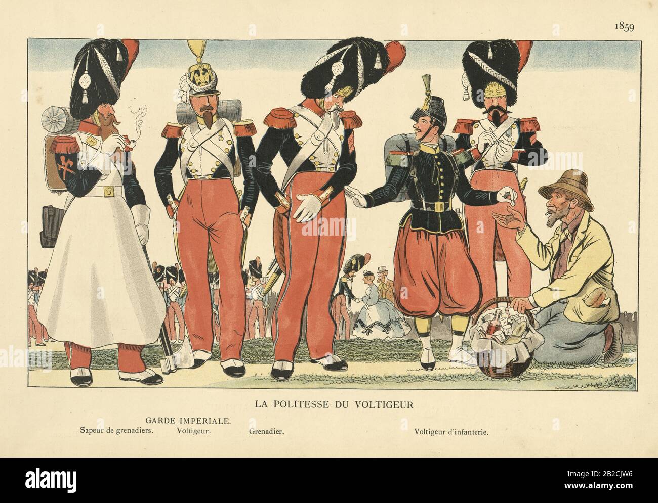 Uniformes militaires français 1850, Garde impériale, sapeur, voltigeur, grenadier, voltigeur d'infanterie. XIXe siècle. Banque D'Images