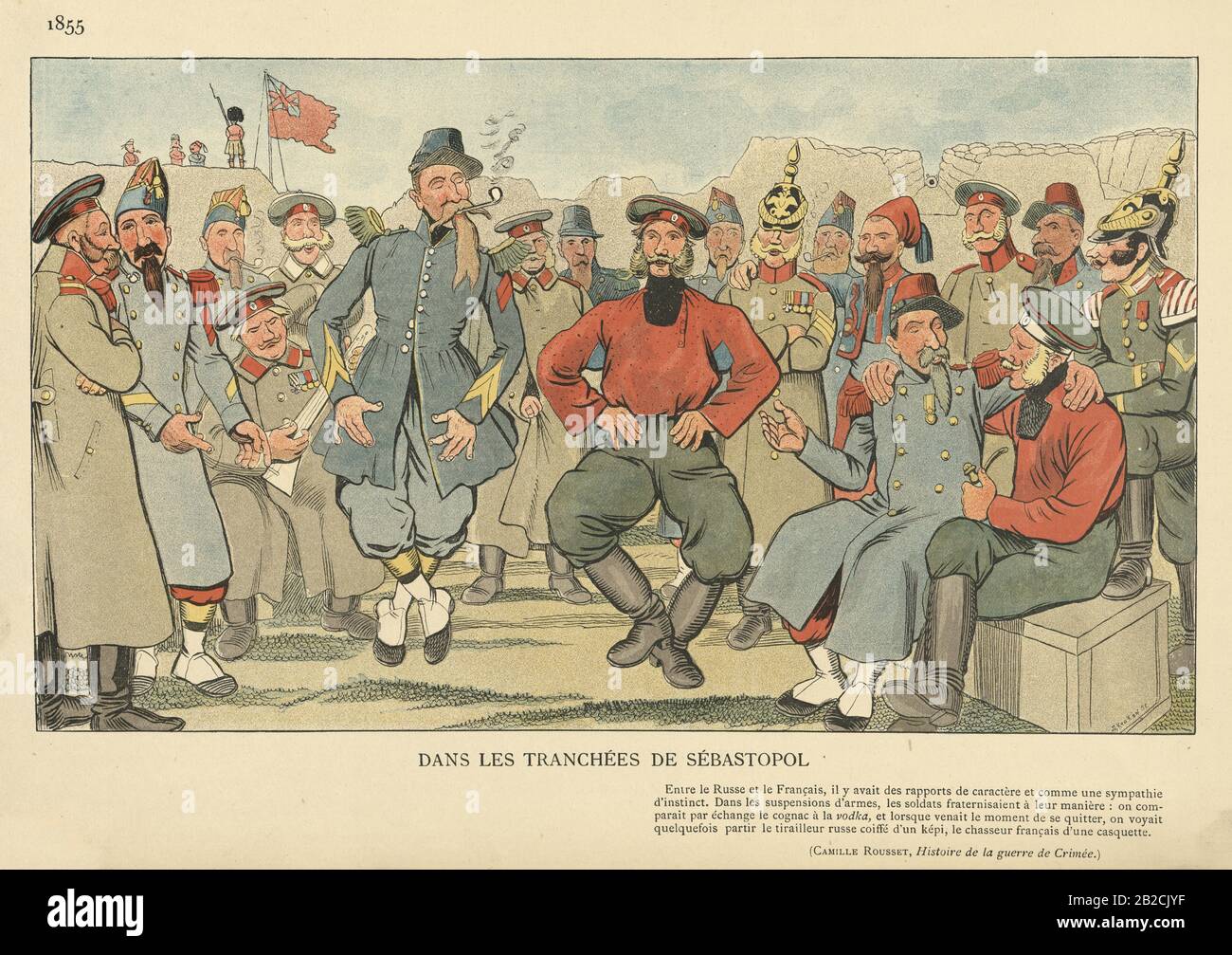 Gravure ancienne de Soldats dansant dans les tranchées de Sebastopol, guerre de Crimée, 1855, XIXe siècle. Banque D'Images
