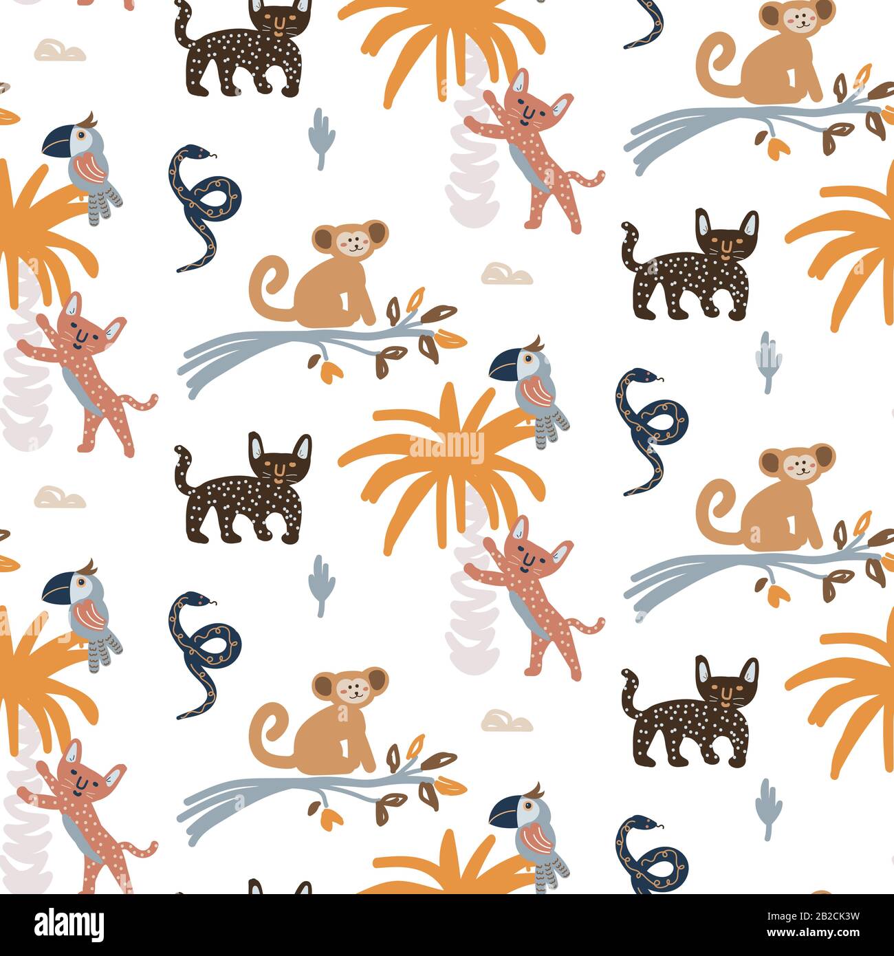 Mignonne animaux jungle nuit scène modèle sans couture vecteur. Fond de dessin animé enfantin avec singe, jaguar et perroquet. Illustration de Vecteur