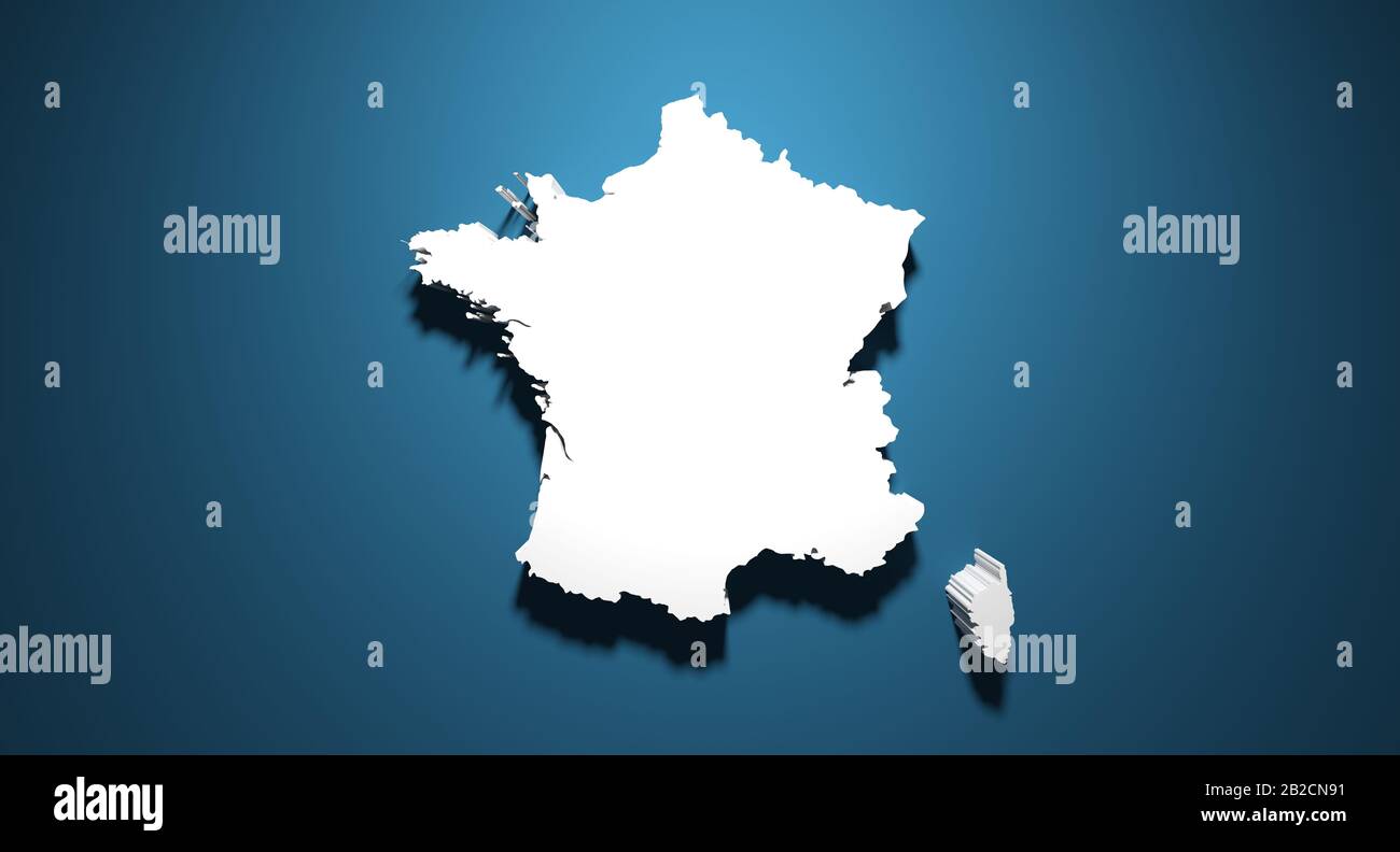 Carte France de rendu tridimensionnelle avec ombre sur fond bleu Banque D'Images