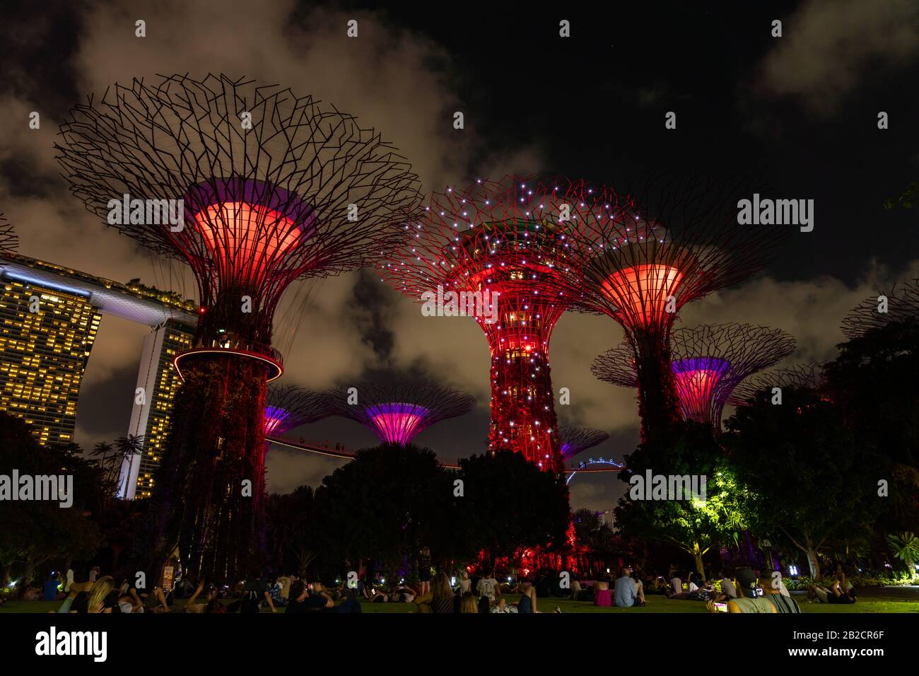 Singapour, SINGAPOUR - 14 FÉVRIER 2020: Jardins près de la baie de Singapour, jardins verticaux Uniques ressemblant à des arbres imposants, avec de grandes canopies Banque D'Images