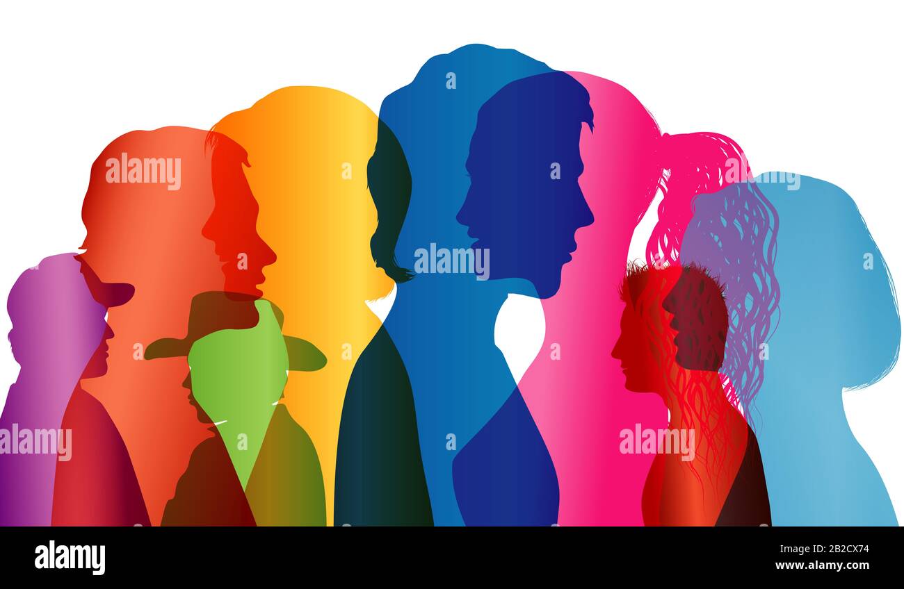 Des gens bruyants.bruit de foule.parler de foule.diversité multiethnique des gens qui parlent. Profils de silhouette colorés. Communauté. Communication multiculturelle Banque D'Images