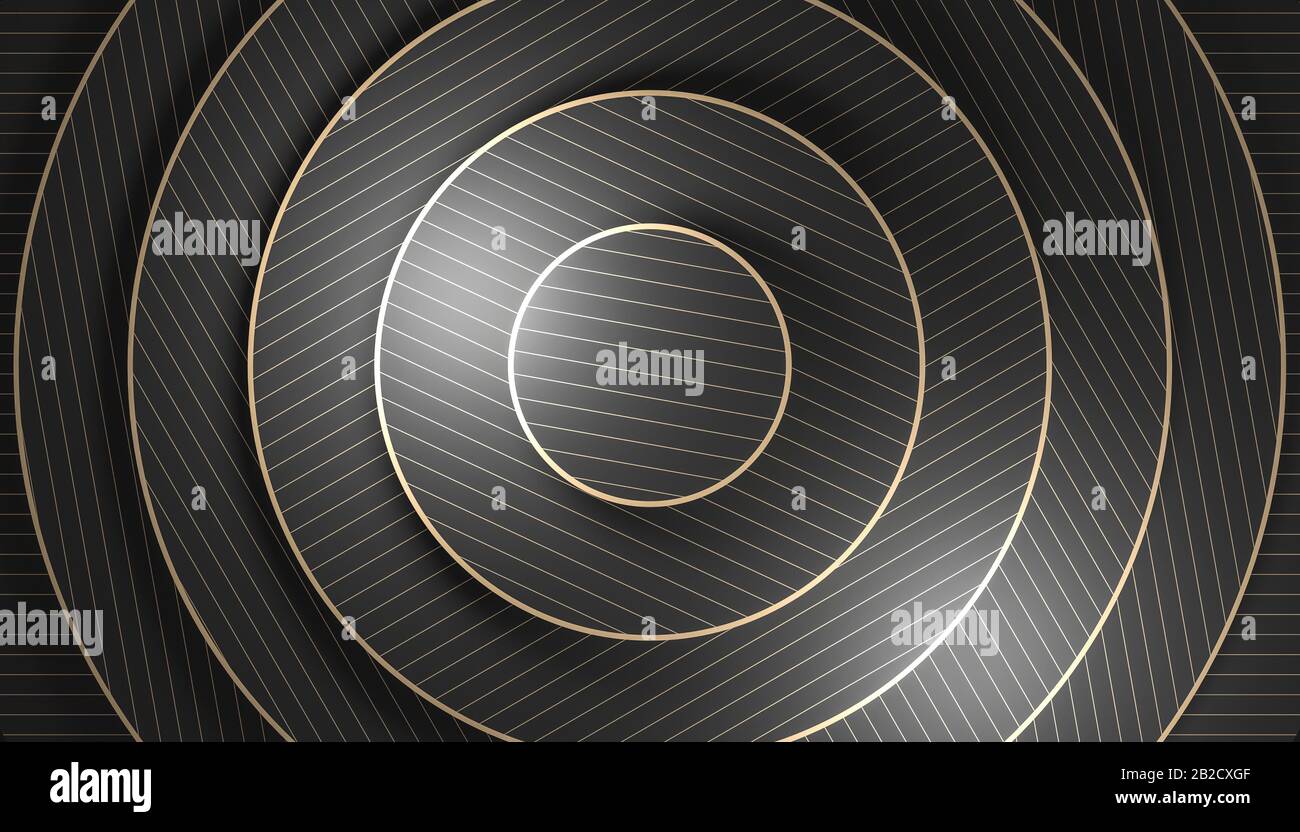 rendu tridimensionnel d'un arrière-plan géométrique minimaliste avec des formes concentriques et des motifs de lignes or et noir. Banque D'Images