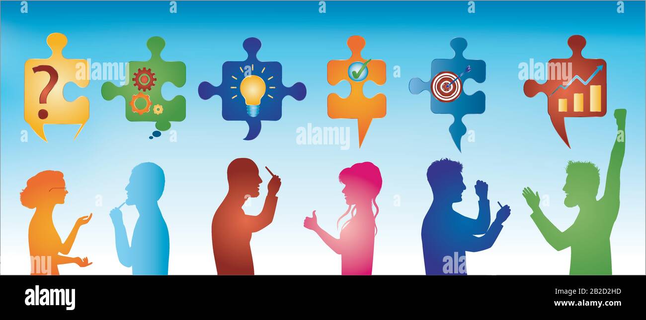 Profil coloré personnes gesturing. Pièces de puzzle avec symboles de résolution de problèmes. Solution métier. Équipe de résolution des problèmes de concept. Stratégie et succès Illustration de Vecteur