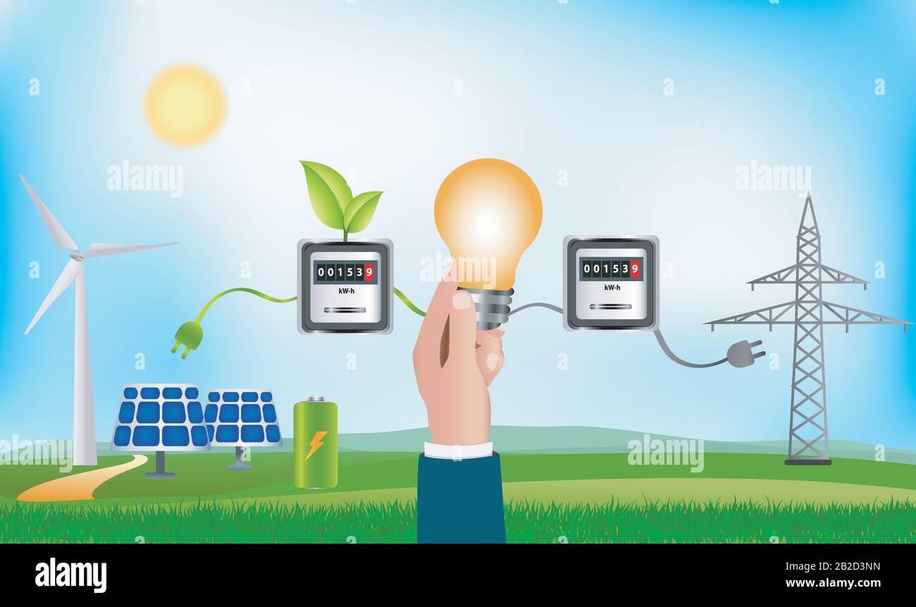 Énergie renouvelable Prosumer. Partage économique de l'énergie produite de soi. Maison écologique. Photovoltaïque. Investissement pour l'énergie durable et verte Illustration de Vecteur