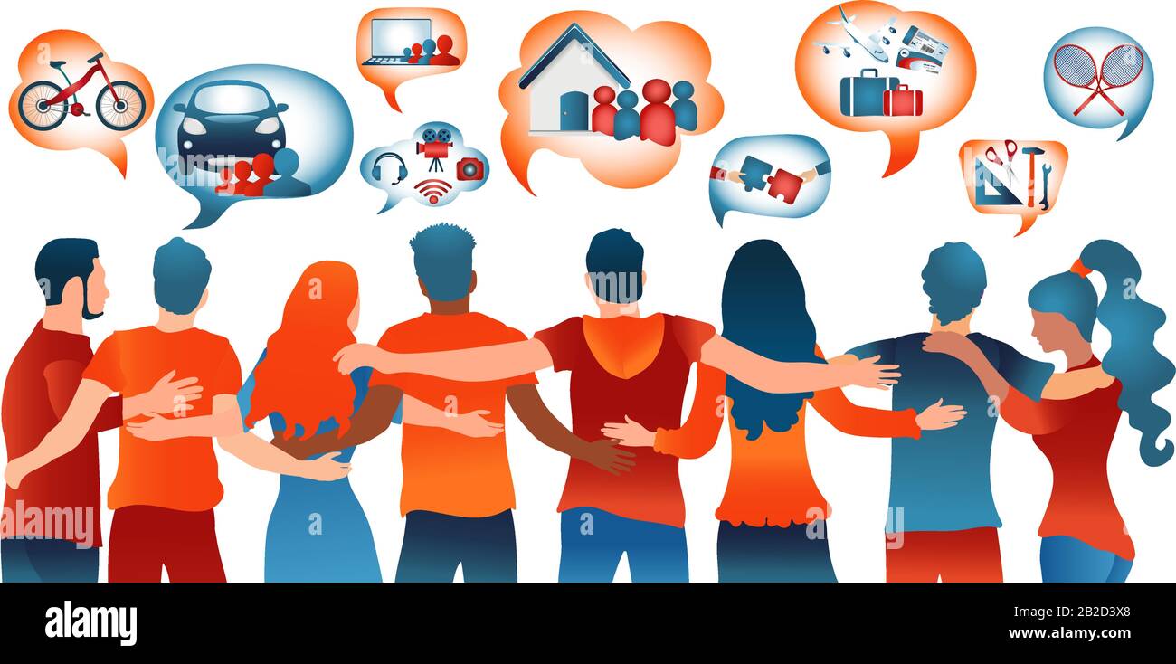 Concept d'économie de partage.Grouper les personnes qui partagent des biens et des services ou louer et vendre.bulle de discours contenant des icônes telles que la mobilité de partage de travail conjoint Illustration de Vecteur