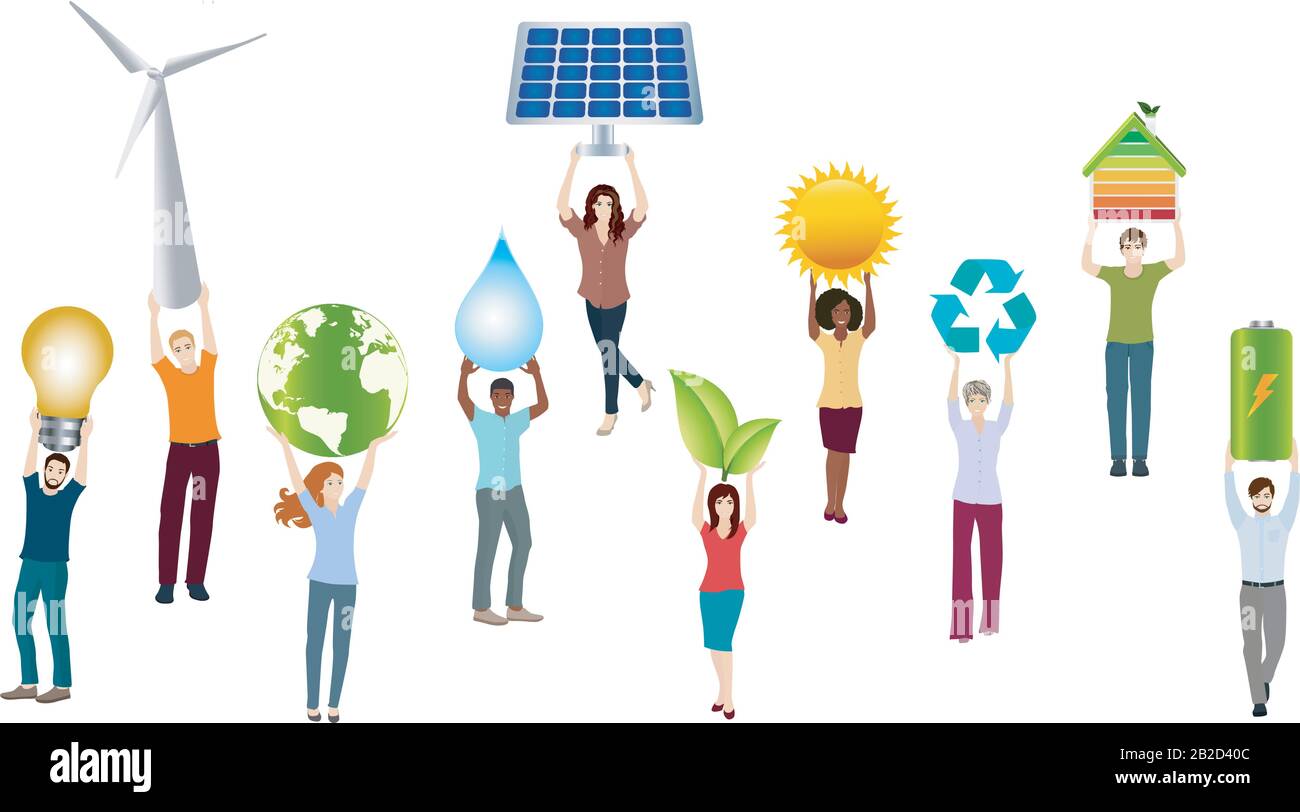 Communauté de l'énergie. Groupe isolé de personnes. Énergie renouvelable et durable Prosumer. Partage économique de l'énergie produite de soi. Énergie alternative Illustration de Vecteur