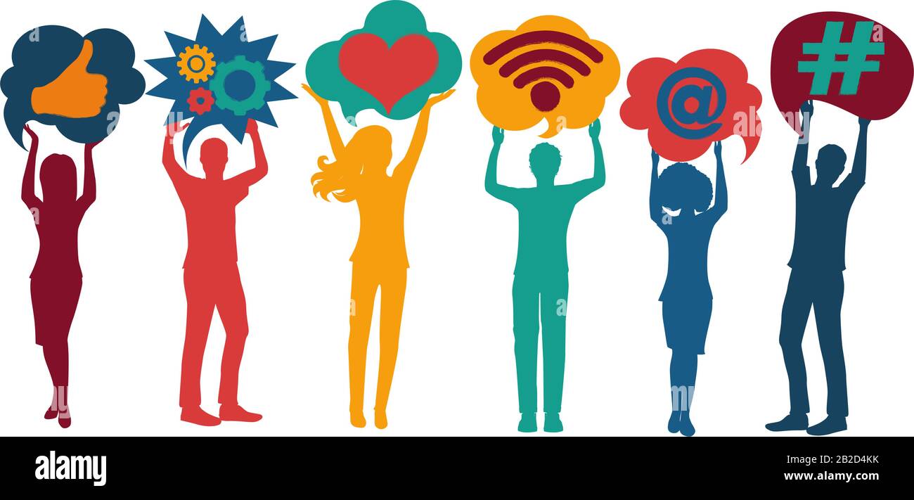 Groupe silhouette de personnes parlant et partageant des idées et des informations.Speech Bubble.social network.social media concept.Community.App Sign influencer Illustration de Vecteur