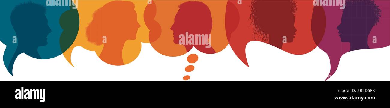 Speech Bubble.Silhouette dirige les gens dans le profil.Dialogue De Discussion et inform.Communicate groupe de personnes multiethniques et multiculturelles.Personnes Diverses Illustration de Vecteur