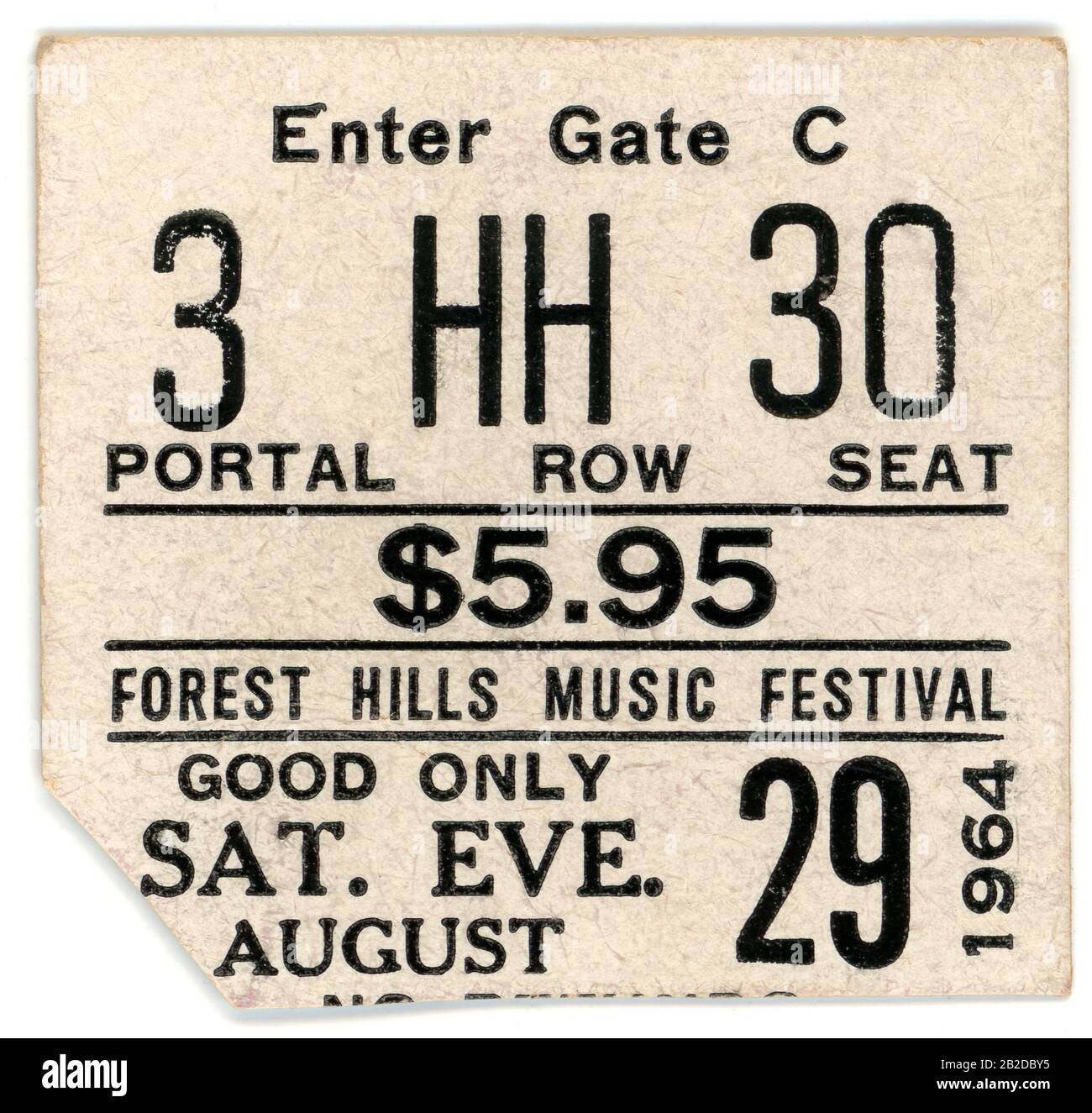 Forest HILLS, NY - 29 AOÛT 1964 : la vie d'un porte-billet pour les Beatles pour le Forest Hills Music Festival le 29 août 1964 au stade de tennis de Forest Hills à Forest Hills, New York. Le coût du billet était de 5,95 $. Crédit : icône et image / MediaPunch Banque D'Images