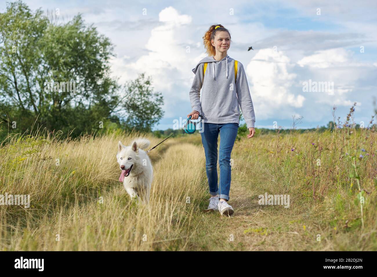 Mode de vie sain actif, jeune fille marchant avec un chien Husky blanc Banque D'Images