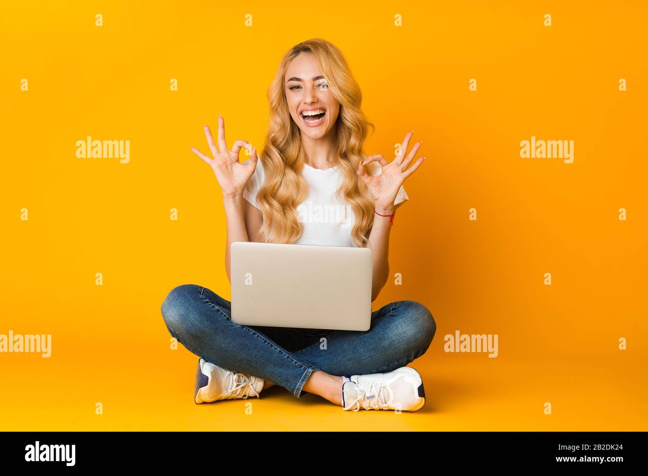 Tout est ok. Bonne femme montrant bon signe avec un ordinateur portable  Photo Stock - Alamy
