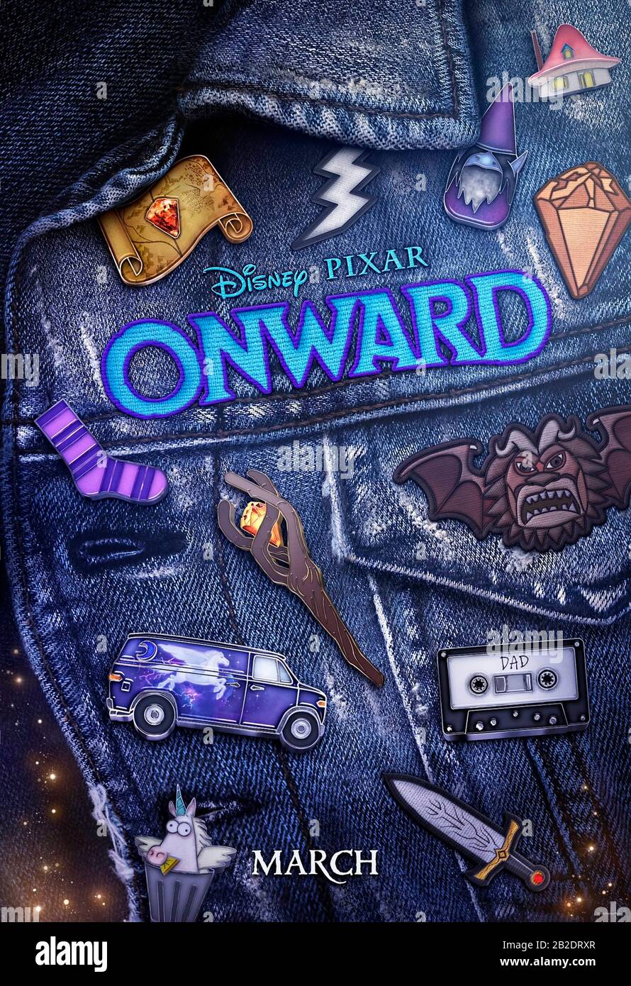 Onward (2020) réalisé par Dan Scanlon et avec Tom Holland, Chris Pratt, Octavia Spencer et Julia Louis-Dreyfus. Aventure fantastique sur deux frères elf essayant de trouver de la magie dans la banlieue. Banque D'Images