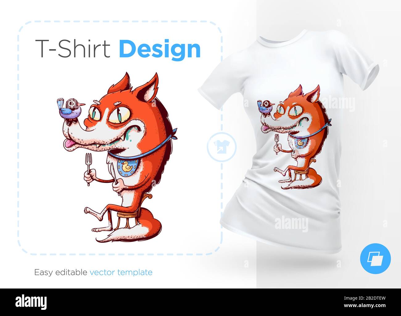 Le renard se prépare à manger avec un oiseau sur le nez. Imprimés sur tee-shirts, sweat-shirts, étuis pour téléphones mobiles, souvenirs. Illustration de Vecteur
