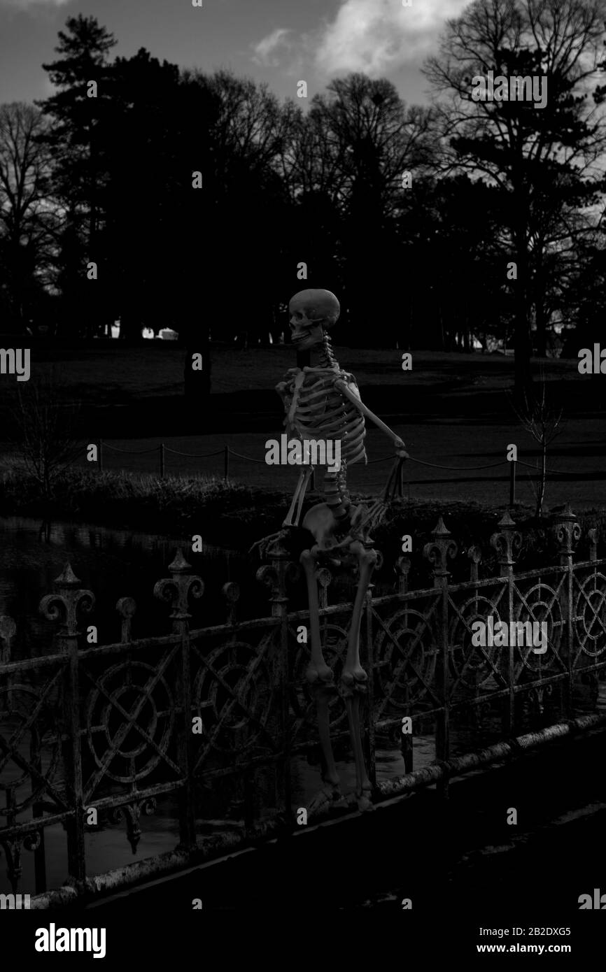 Un squelette se tenait sur un pont, Droitwich Spa, Worcester, Royaume-Uni, 02/03/2020, Skeleton se tenait sur un pont, amusant pour Halloween idéal pour les affiches A. Banque D'Images