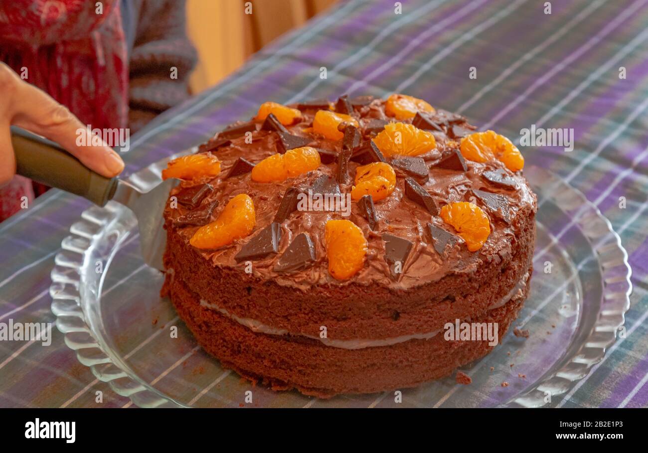 Un Chocolat Decore Et Un Gateau Eponge Orange Photo Stock Alamy