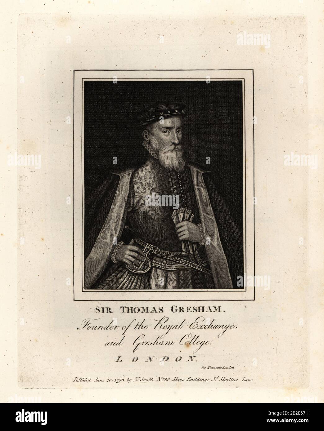 Sir Thomas Gresham, marchand et financier anglais, fondateur de la Royal Exchange et du Gresham College, 1519-1579. Gravure de Copperplate par John Thomas Smith après les dessins originaux des membres de la Société des Antiquaires de son J.T. Les Antiquités de Smith à Londres et ses Environs, J. Sewell, R. Folder, J. Simco, Londres, 1793. Banque D'Images