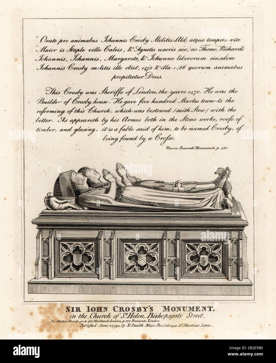 Monument de Sir John Crosby dans l’église de St. Helen, rue Bishopsgate. Shérif de Londres, mort 1476. Gravure de Copperplate par John Thomas Smith après les dessins originaux des membres de la Société des Antiquaires de son J.T. Les Antiquités de Smith à Londres et ses Environs, J. Sewell, R. Folder, J. Simco, Londres, 1791. Banque D'Images