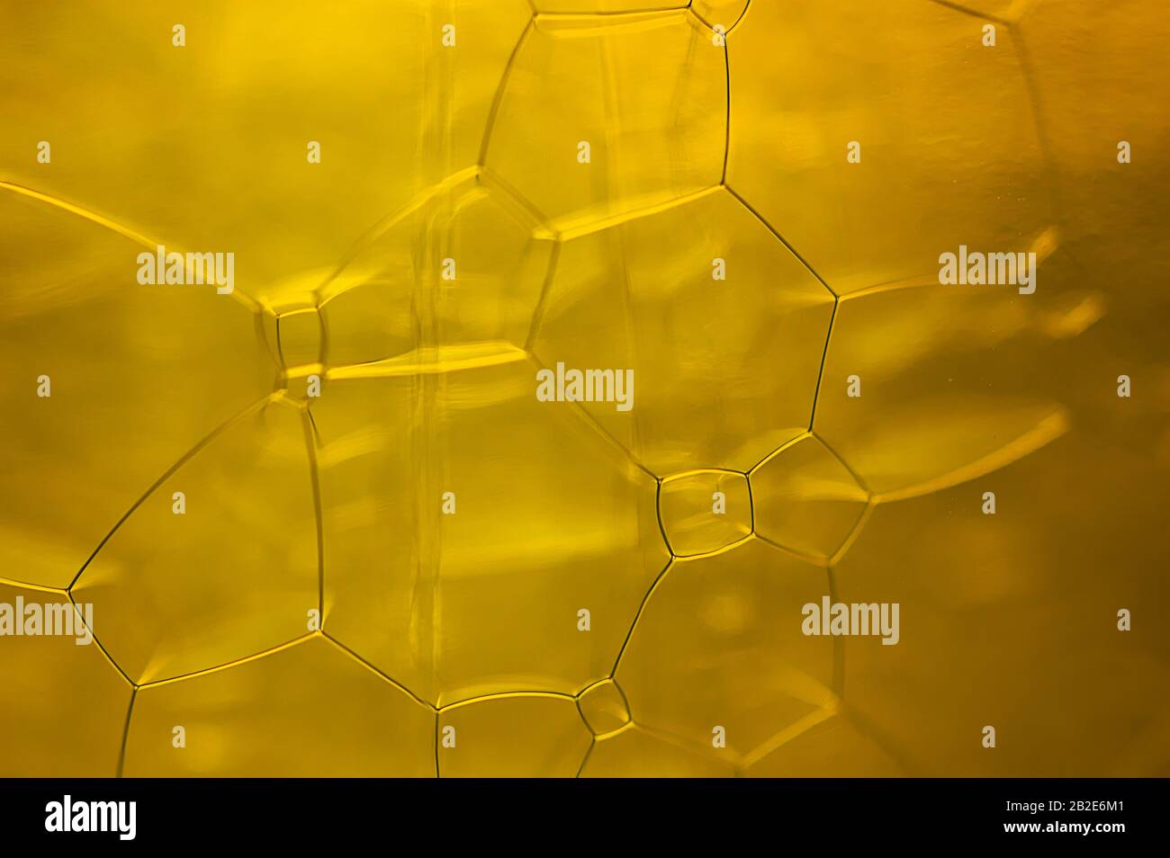 Macro image de bulles de couleur dorée et ocre avec une lumière de derrière formant un motif aléatoire Banque D'Images