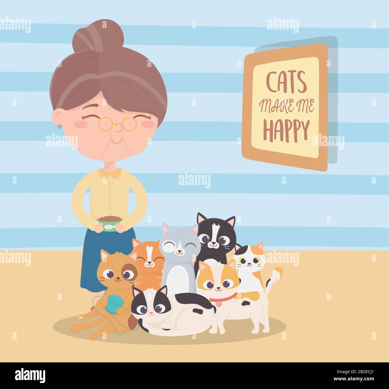 Les Chats Me Rendent Heureux Vieille Femme Avec De La Nourriture De Bol Et Beaucoup De Chatons Illustration Vectorielle De Dessin Anime Image Vectorielle Stock Alamy
