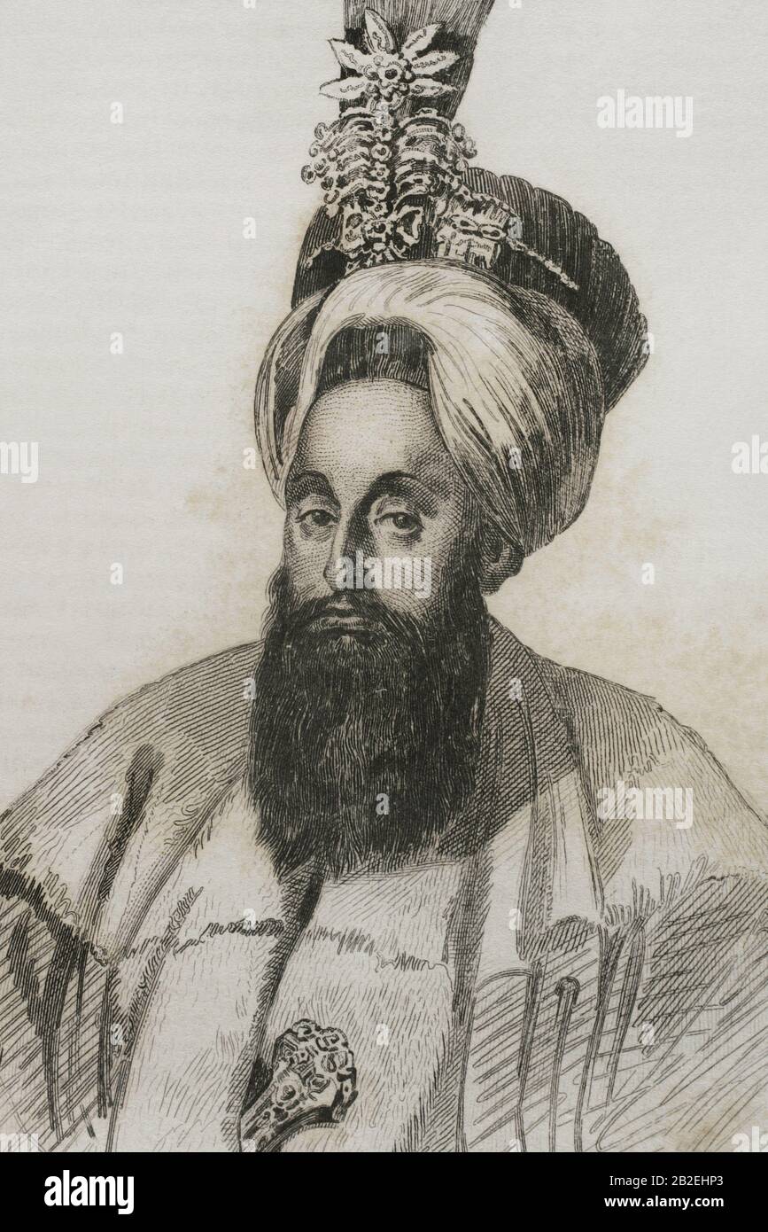 Selim III (1761-1808). Sultán del Imperio Otomano entre 1789 et 1807. Grabado por Lemaitre, H. Lalaisse y Moret. Détalle. Historia de Turquía, por Joseph Marie Jouannin (1783-1844) et Jules Van Gaver. Panorama universel, edición española de 1840. Banque D'Images