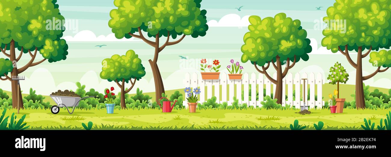 Jardin d'été avec outils de jardin et clôture. Illustrations vectorielles avec calques séparés. Concept de bannière, d'arrière-plan Web et de modèles. Illustration de Vecteur Jardin d'été avec outils de jardin et clôture. Illustrations vectorielles avec calques séparés. Concept de bannière, d'arrière-plan Web et de modèles. Illustration de Vecteur