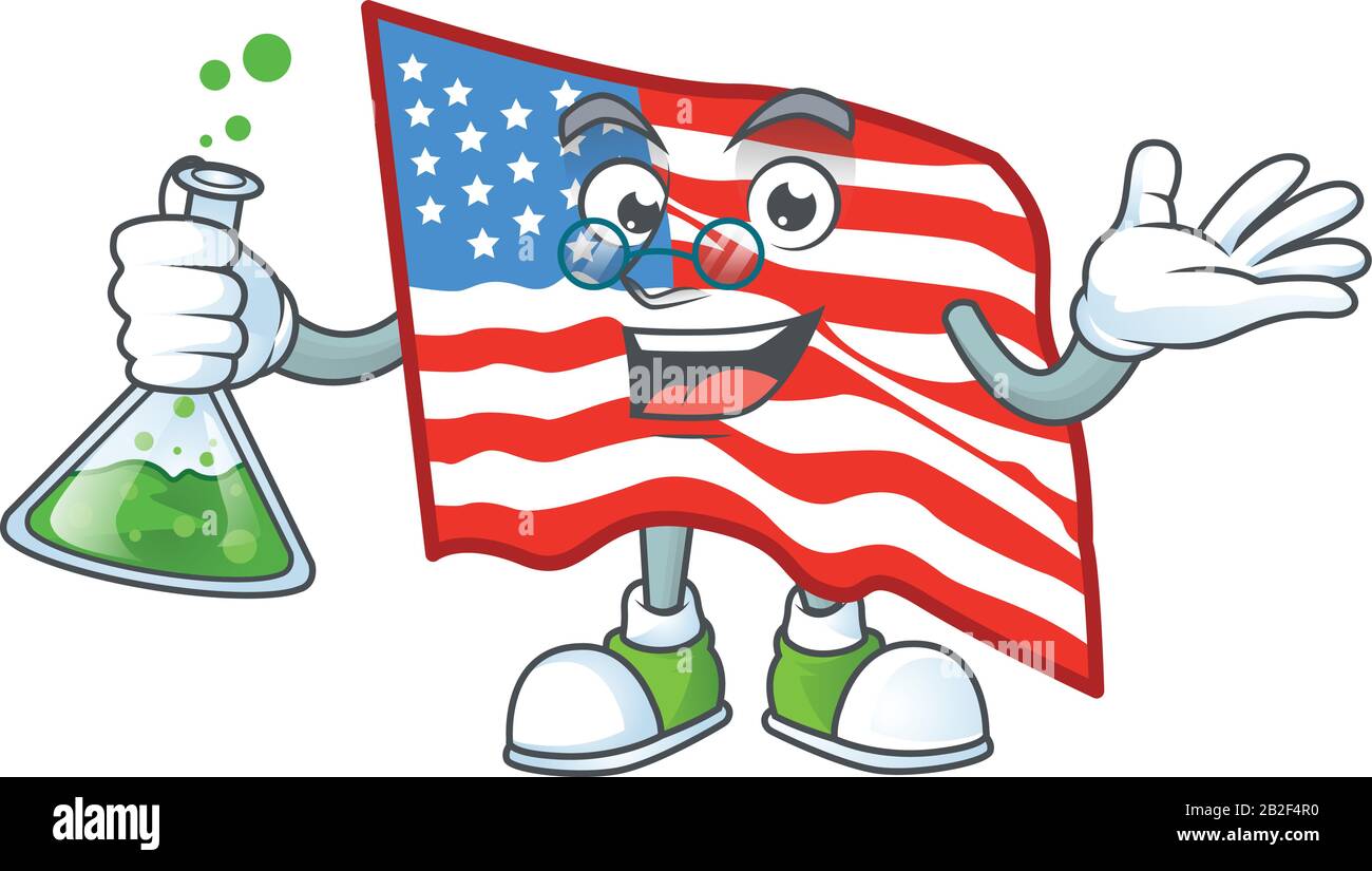 Un génie Professeur USA drapeau personnage de dessin animé avec tube en verre Illustration de Vecteur