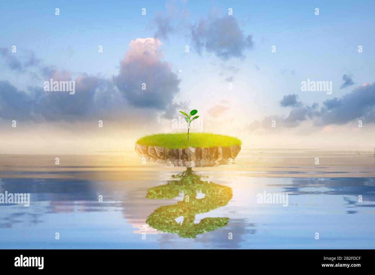 Petite île d'arbre vert avec un signe de réflexion dollar dans l'eau calme de l'océan. Paysage naturel avec pré d'été et ciel bleu. Écosystème convivial Banque D'Images