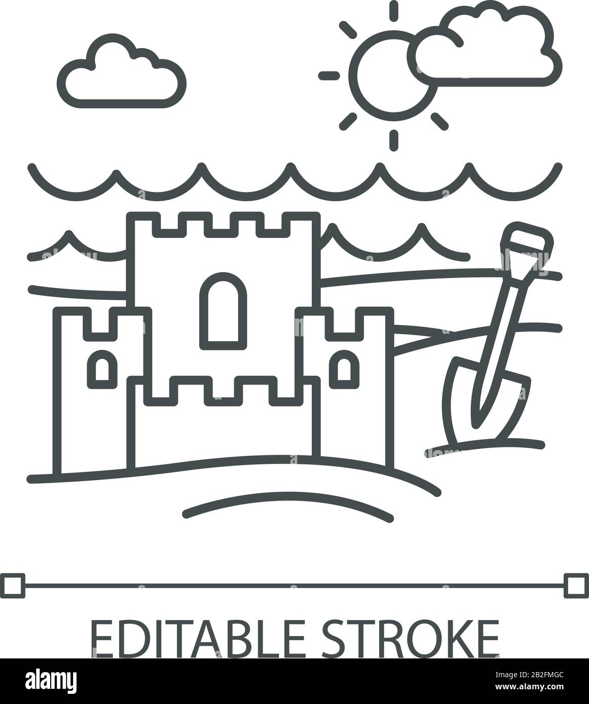 Ocean Beach pixel icône linéaire parfaite. Rive marine. Château de sable. Vacances en famille maritime. Illustration personnalisable en ligne fine. Symbole de contour Illustration de Vecteur