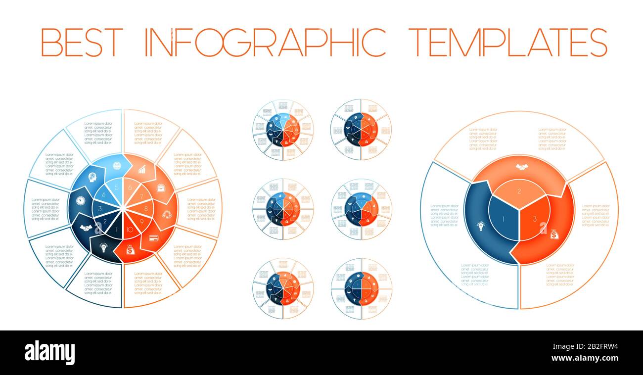 Ensemble infographie moderne de coopération commerciale mondiale. Modèles de couleur infographies sur 3 4 5 6 7 8 9 10 postes pour la présentation commerciale. Illustration de Vecteur