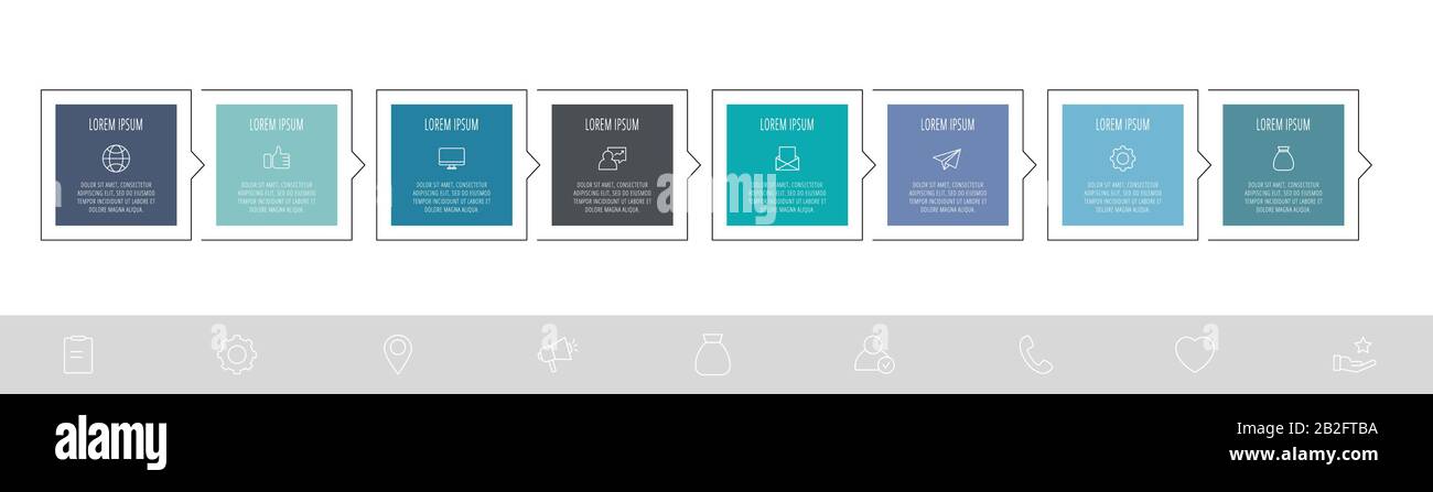 Modèle d'infographie vectoriel à plat. Visualisation des données avec icônes et flèches pour 8 étapes. Peut être utilisé pour les présentations, l'organigramme, la bannière, le représentant commercial Illustration de Vecteur
