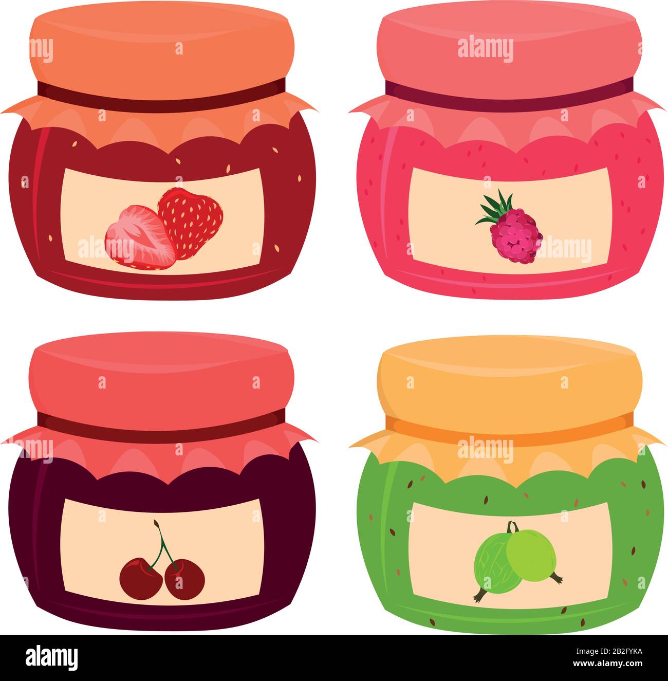 Ensemble de confitures de baies vectorielles : lubny, framboise, cerise, groseille. Ingrédients pour le petit déjeuner, dessert. Design pour logo, café, menu. Illustration de Vecteur