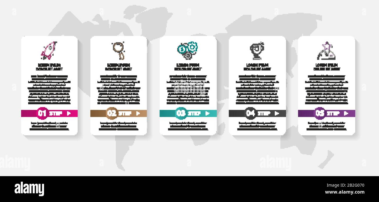 Modèle d'infographie vectoriel. Visualisation des données avec icônes et flèches pour 5 étapes. Peut être utilisé pour le diagramme, l'organigramme, la bannière, le rapport d'activité, le flux Illustration de Vecteur