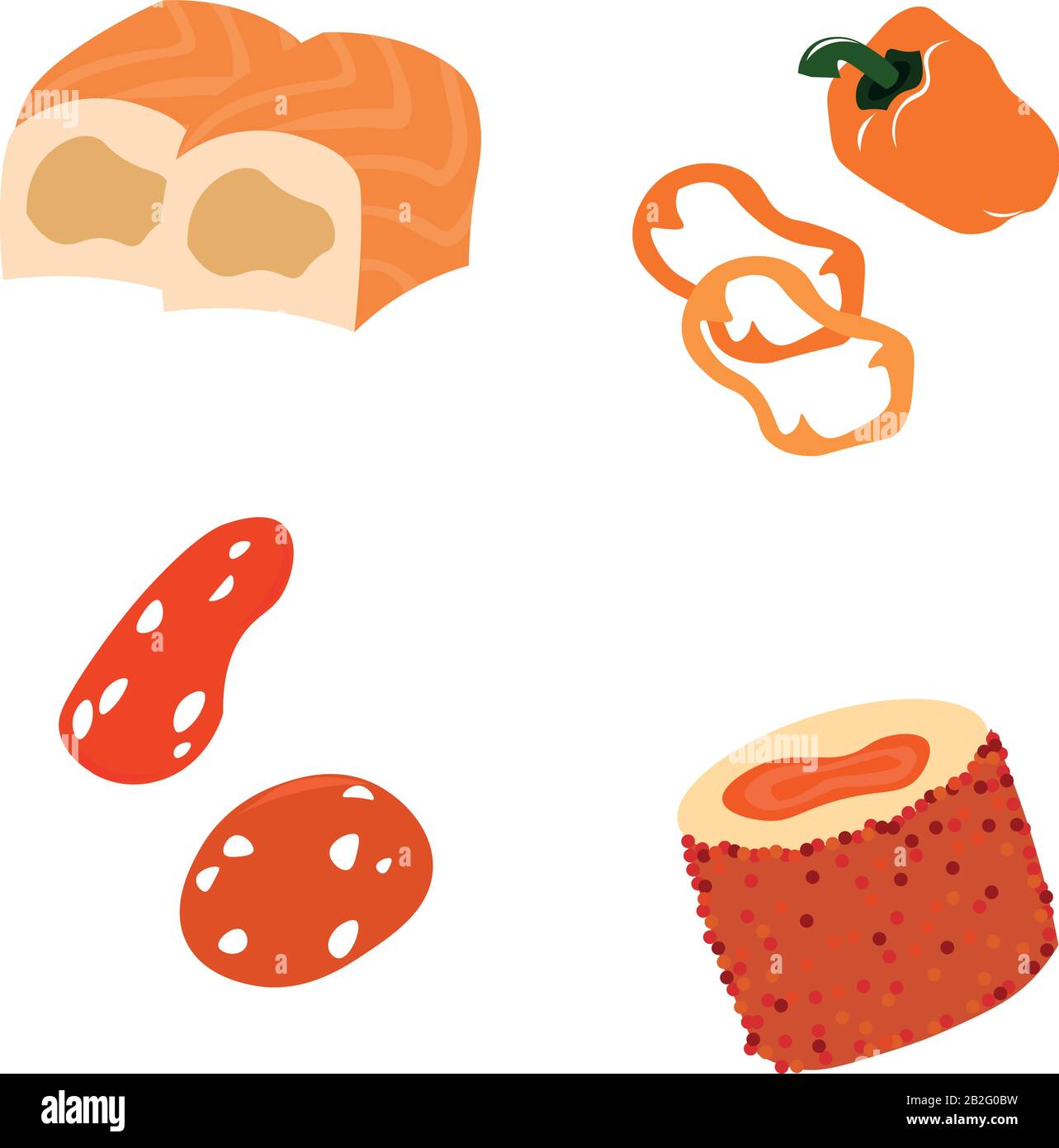 Objets vectoriels lumineux orange. Nourriture. Conception du menu. Illustrations pour enfants. Illustration de Vecteur