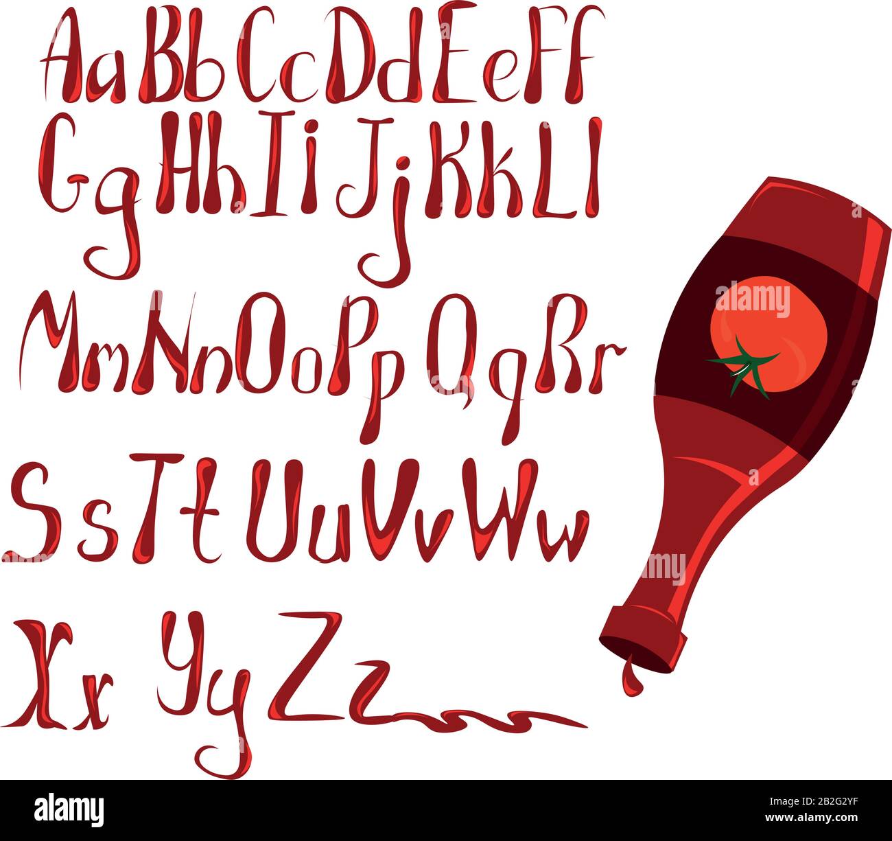 Alphabet de ketchup. Lettres pour la décoration du menu, café, restauration rapide, produits. Illustration de Vecteur