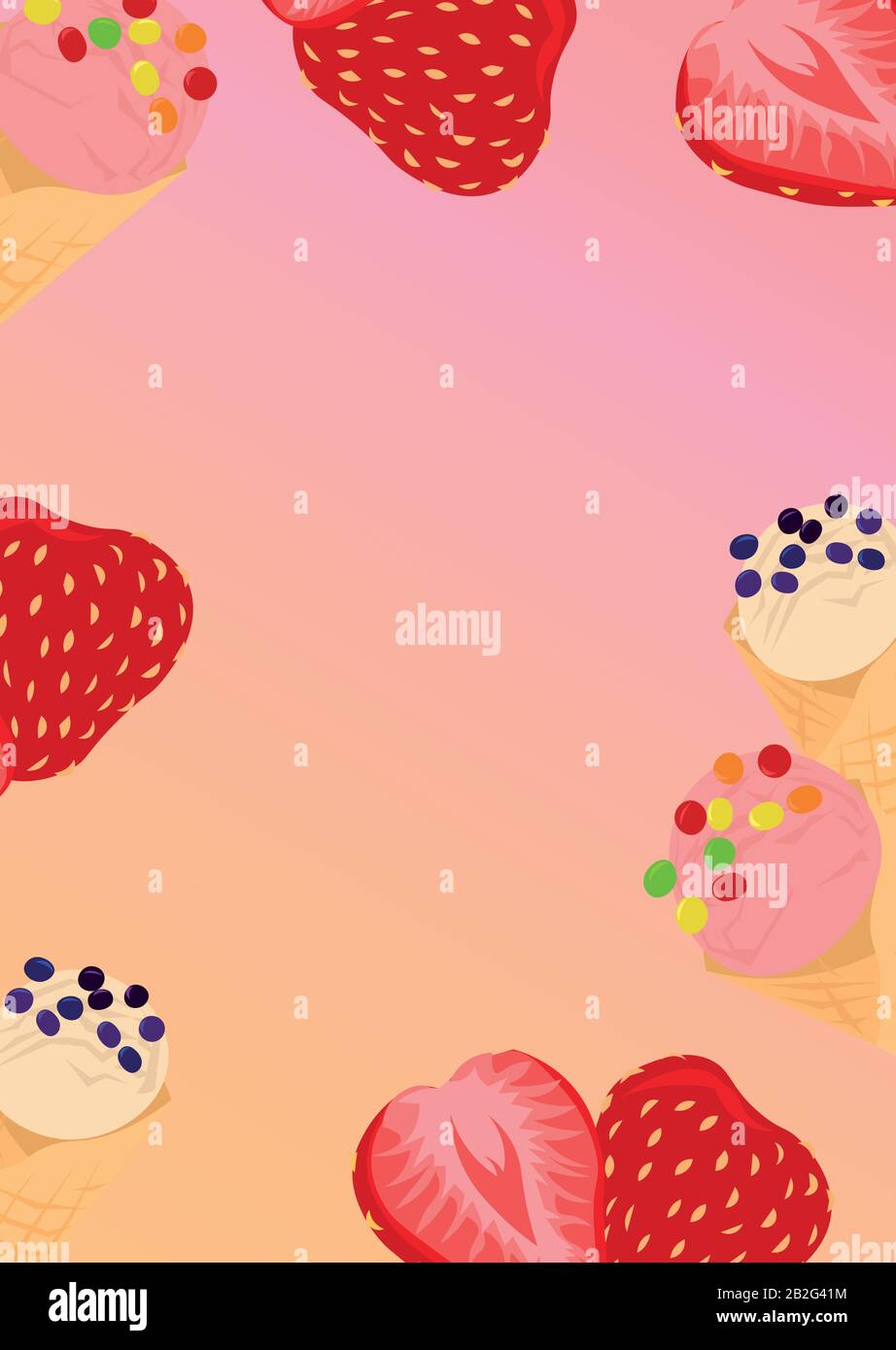 Glace blanche et rose dans un cône à gaufres, fraises. Carte postale vectorielle estivale. Design pour bannière, flyer, poster, carte de vœux, invitation. Illustration de Vecteur