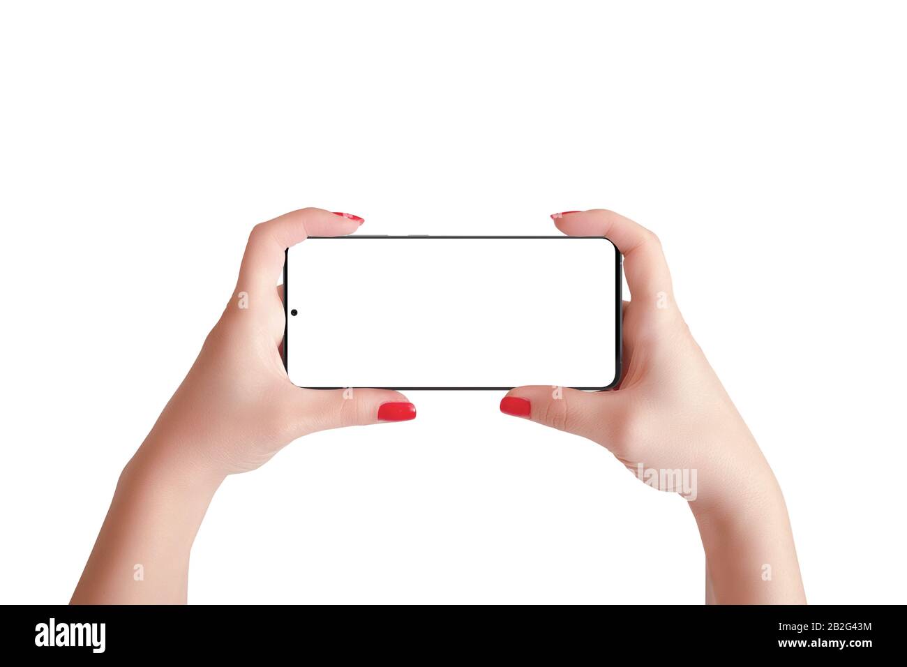 Smartphone moderne en position horizontale dans les mains des femmes. Affichage et arrière-plan isolés Banque D'Images