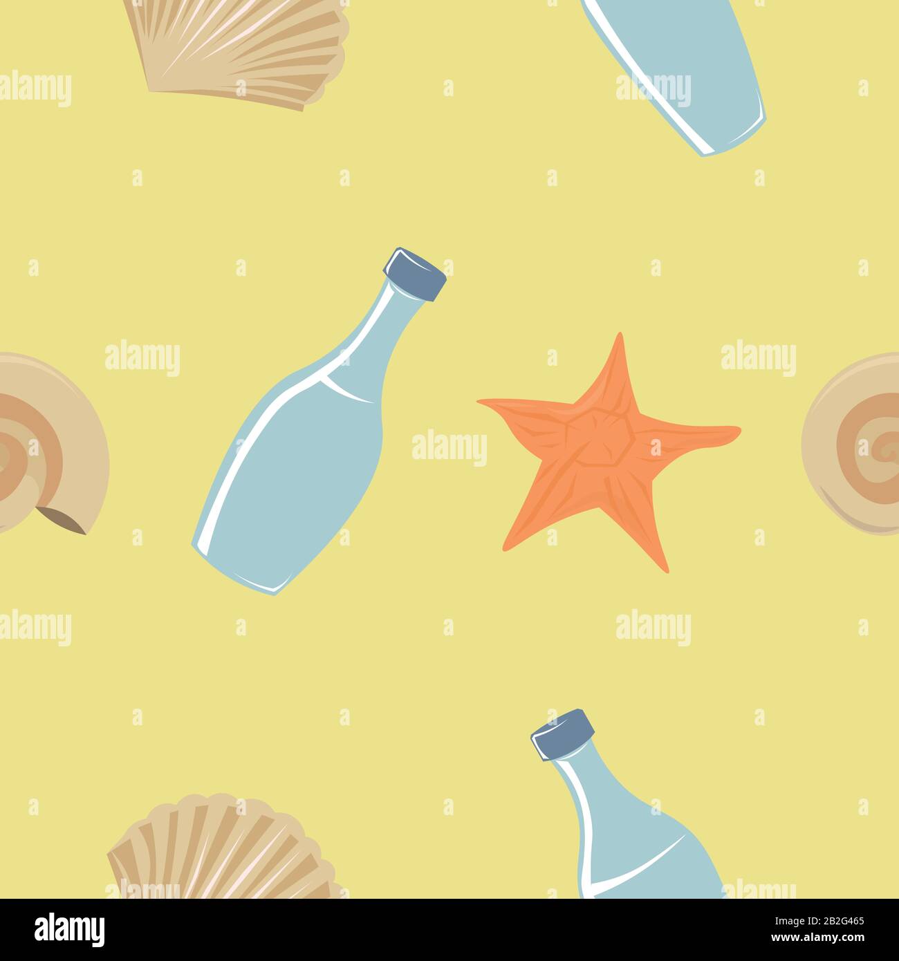 Modèle vectoriel de coquillages, de étoiles de mer, de bouteilles en plastique sur le sable. Nettoyage de la plage. Problème écologique. Illustration de Vecteur