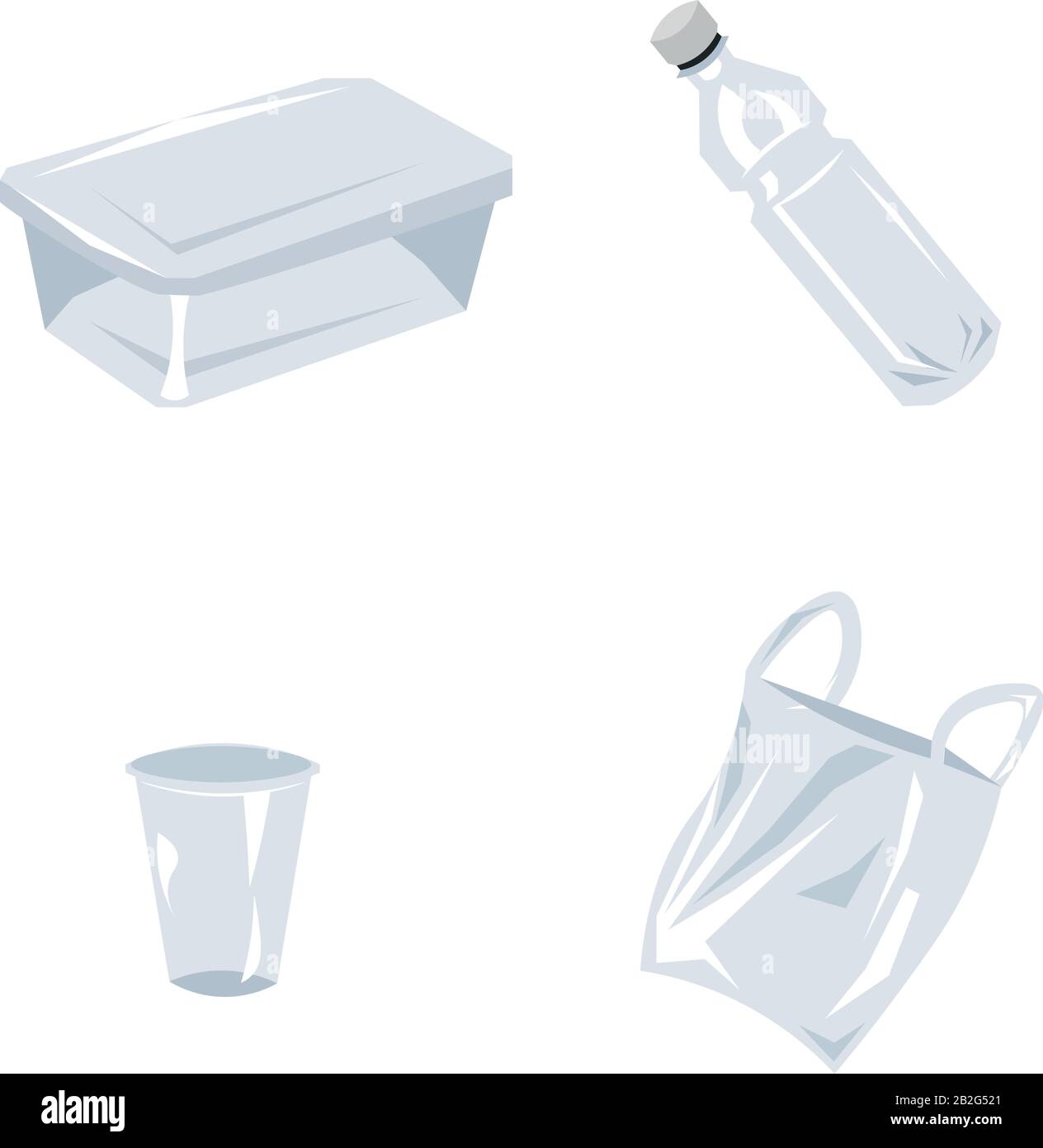 Ensemble d'éléments en plastique vectoriels. Conteneur, bouteille, sac, tasse. Illustration de Vecteur