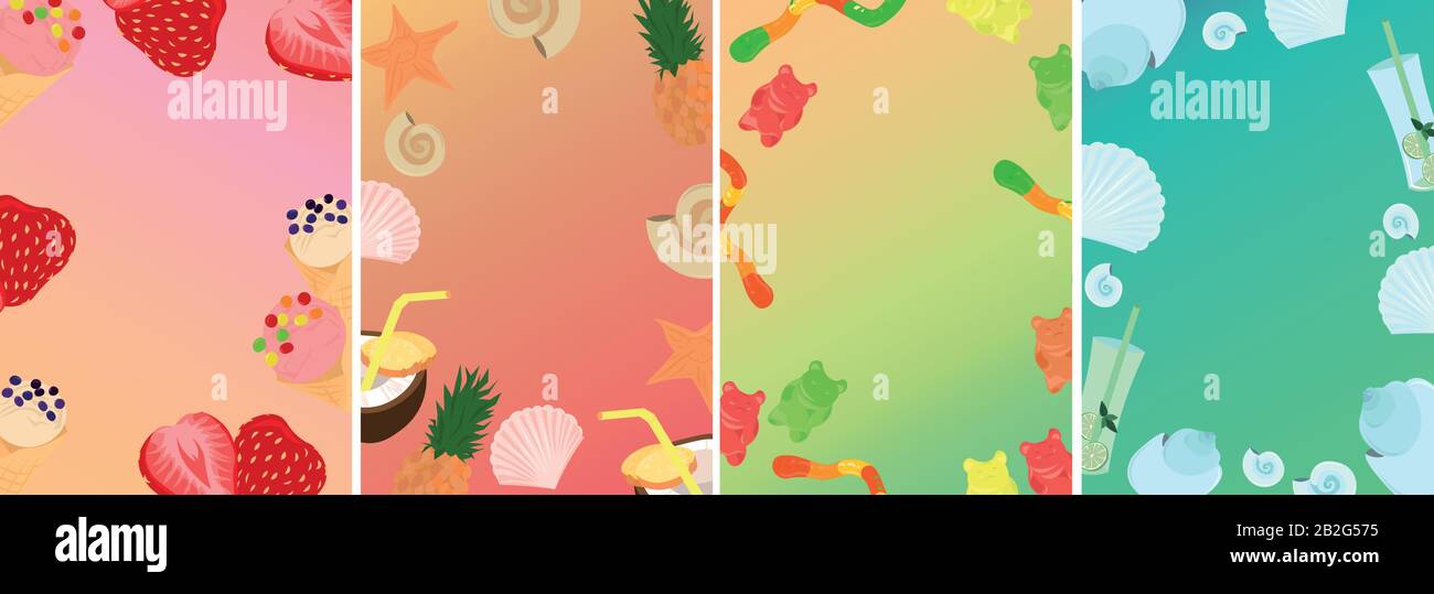 Jeu de cartes postales vectorielles estivales. Fruits juteux, crème glacée, confiture vive, boissons rafraîchissantes. Concevoir une carte de vœux, une invitation, une bannière, une brochure. Illustration de Vecteur
