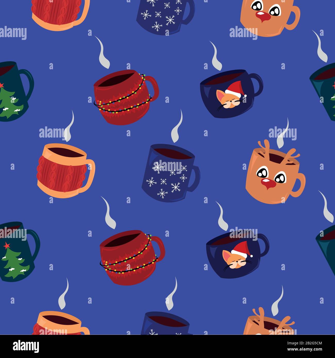 Motif festif. Noël, Nouvel An. Mignons mugs, boissons chaudes. Présente. Illustration de Vecteur