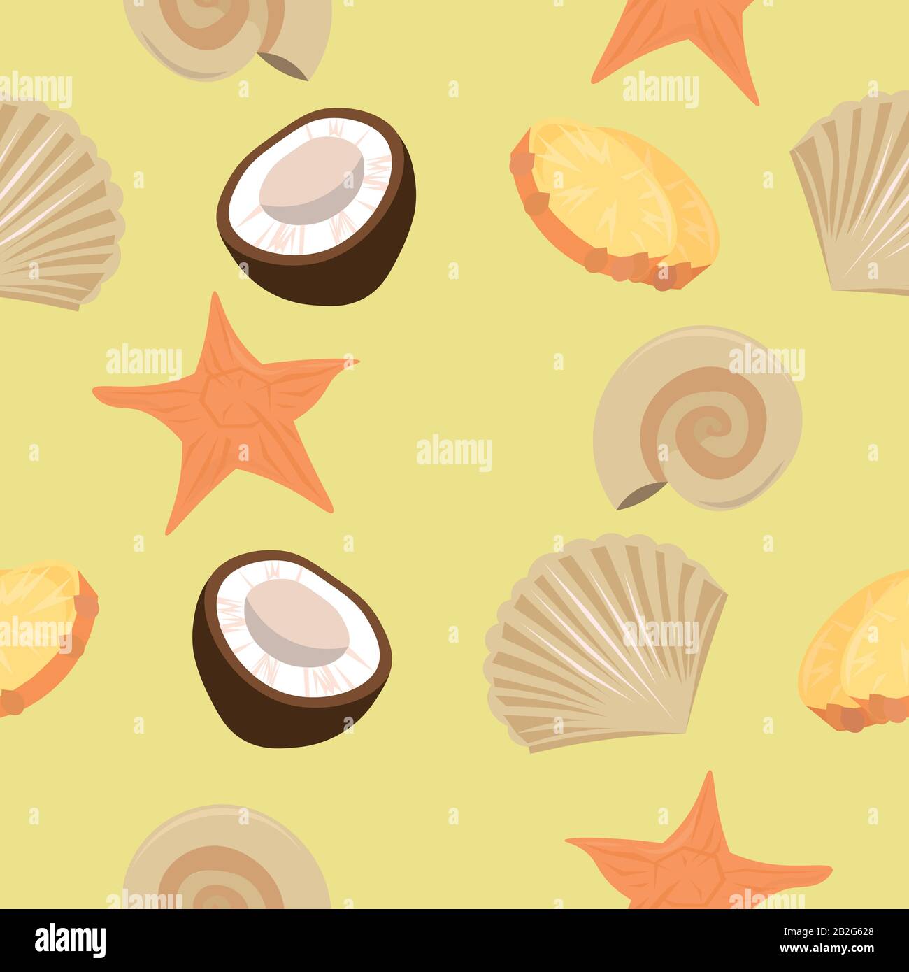 Vecteur été plage arrière-plan. Coquillages, étoiles de mer, noix de coco, anneaux d'ananas sur fond jaune. Illustration de Vecteur
