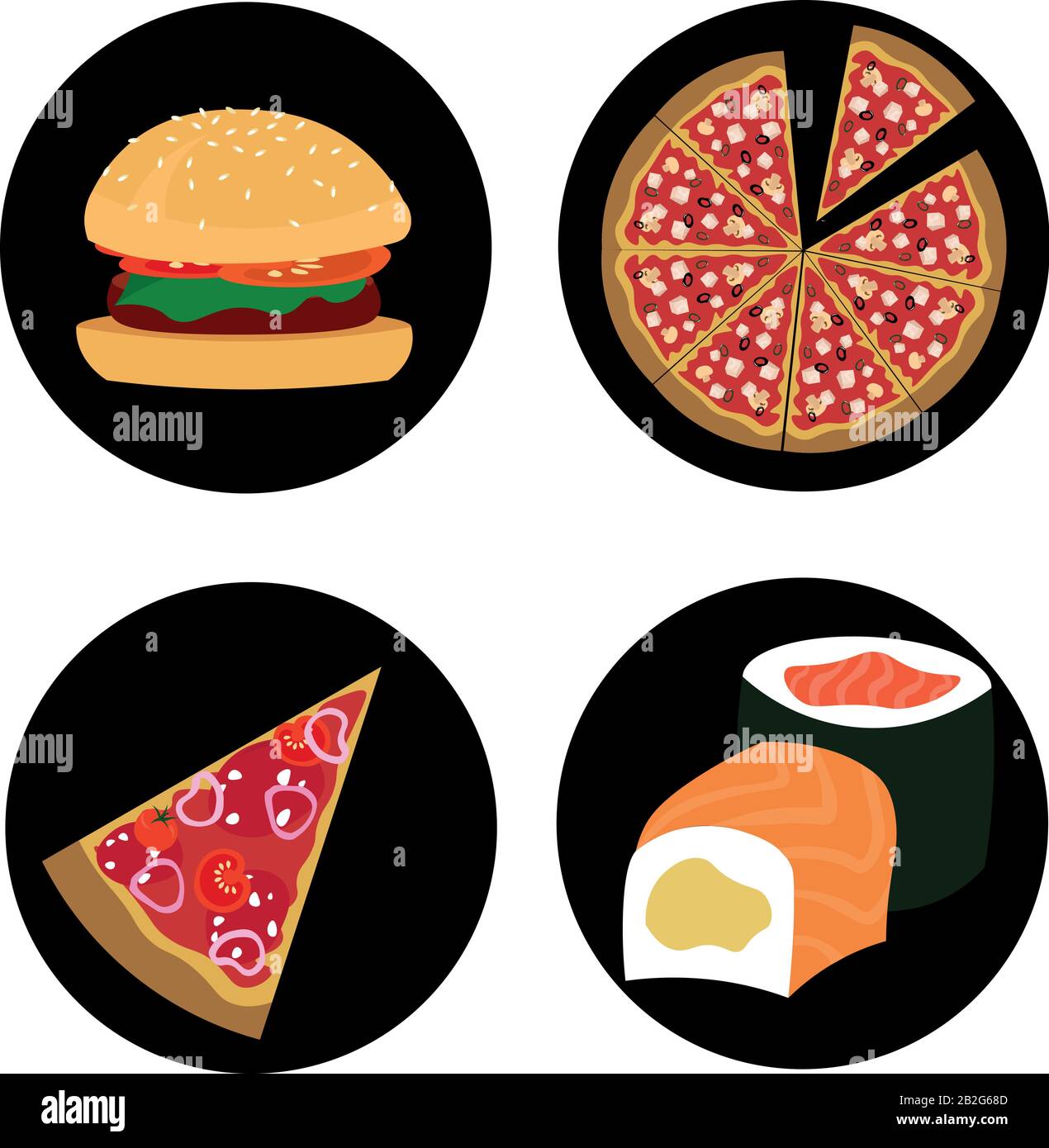 Logos fastfood. Burger, pizza, petits pains, sushi. Icônes de nourriture sur fond noir rond. Illustration de Vecteur