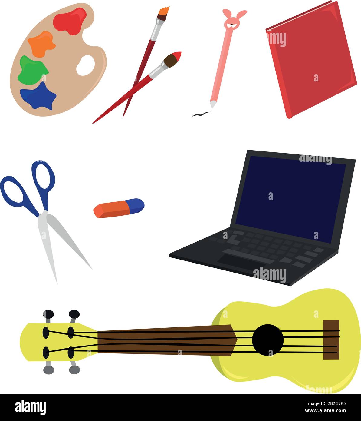 Définir les articles de passe-temps. Dessin, musique et jeux. Lecture, poèmes et compétence. Illustration de Vecteur